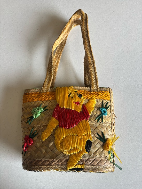 Handbags - Handwoven Straw Tote with Winnie the Pooh.